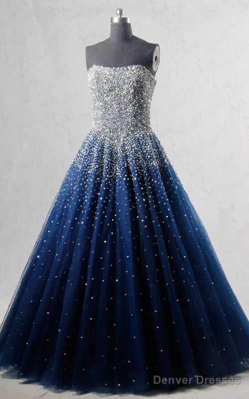 Royal Blue Strapless Sleeveless Beading Sequined Tulle Floor Length Long Prom Dress Main image