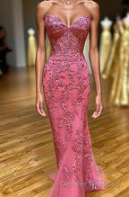 Coral Sweetheart Lace-Up Long Mermaid Prom Dress with Appliques