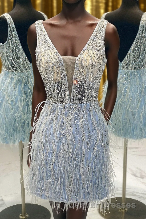 Light Blue Beaded Sequins Tight Homecoming Dress with Feathers Main image