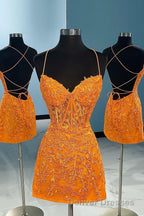 Champagne Spaghetti Straps Tight Short Homecoming Dress with Appliques