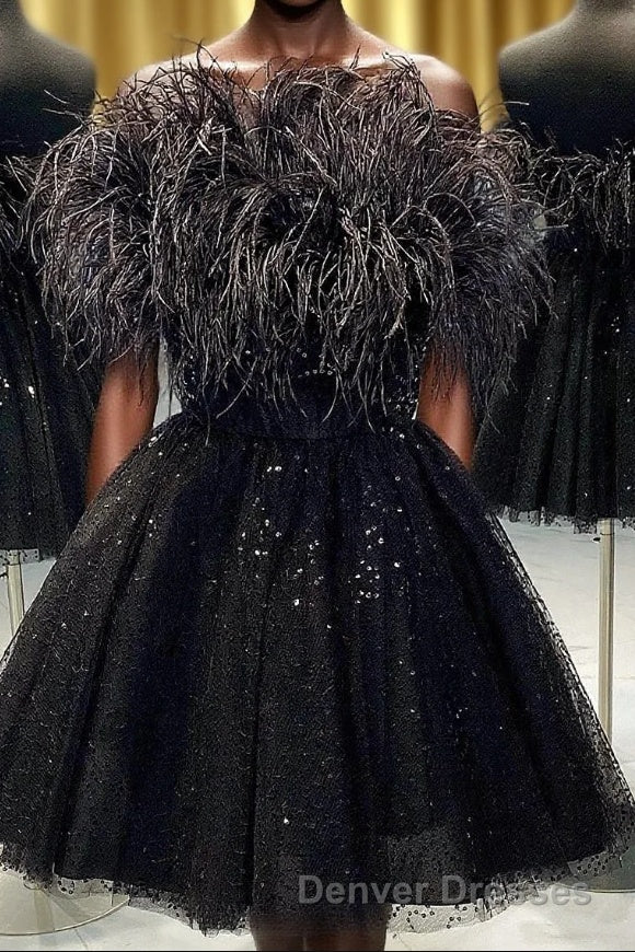 Black A-Line Strapless Homecoming Dress with Feathers