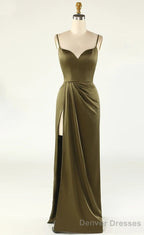 Thin Straps Simple Prom Gowns With Leg Slit Side