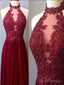 Halter Chiffon Lace A-line Long Maroon Prom Dress Burgundy Evening Dress