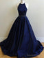 Halter Satin Navy Blue Ball Gown Prom Dress with beading waist