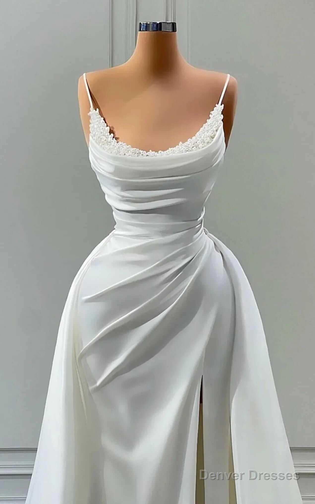 Beautiful White Long A-line Spaghetti Straps Wedding Dresses With Beads Secondary image