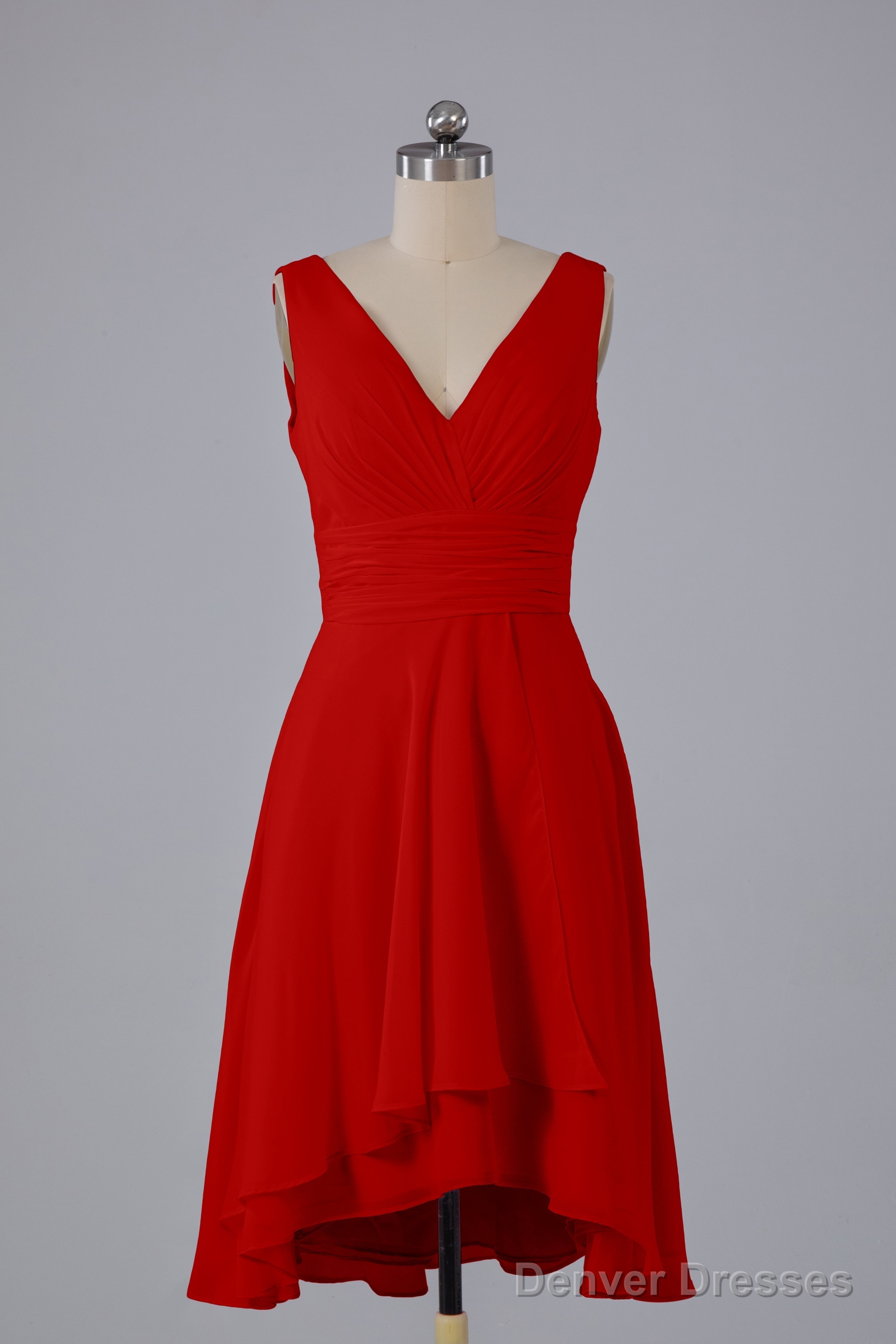 High Low Knee Length V-Neck Bridesmaid Dresses