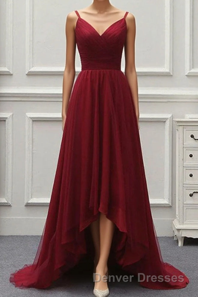 A Line High Low Tulle Prom Dress with Train, Burgundy V Neck Backless Formal Dress Main image