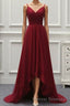 A Line High Low Tulle Prom Dress with Train, Burgundy V Neck Backless Formal Dress