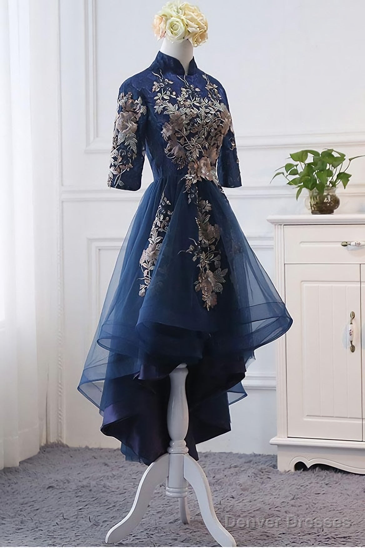 High Neck High Low Dark Navy Half Sleeve Tulle Homecoming Dresses With Appliques H1036 Secondary image
