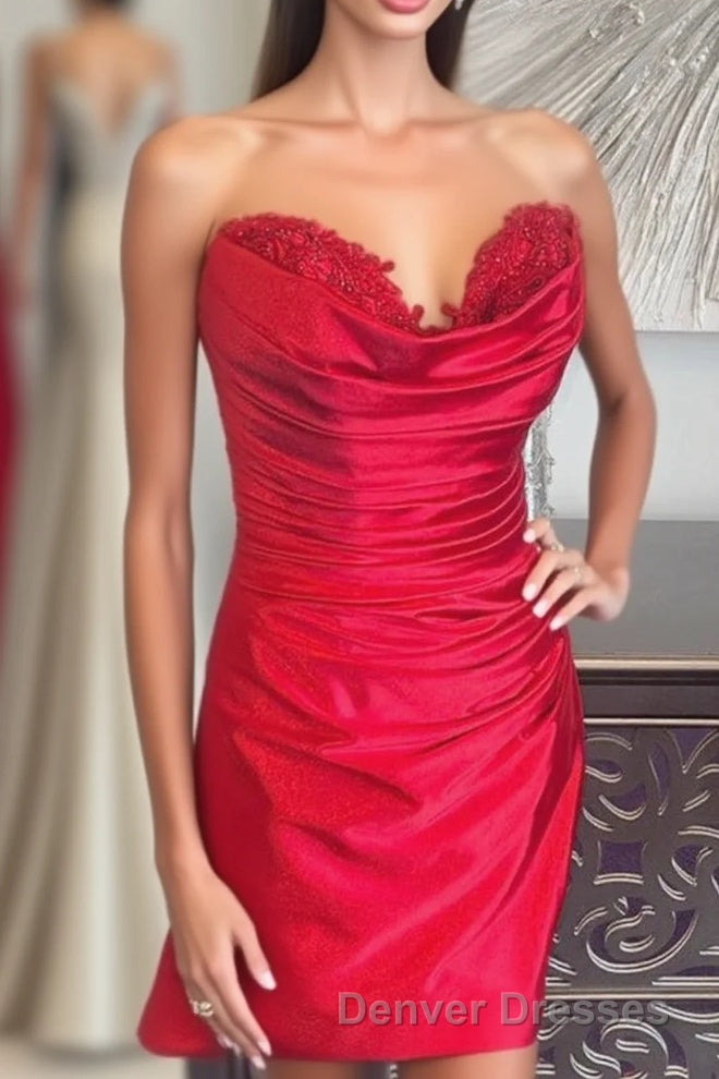 Hunter Green Strapless Beaded Pleated Sheath Homecoming Dress