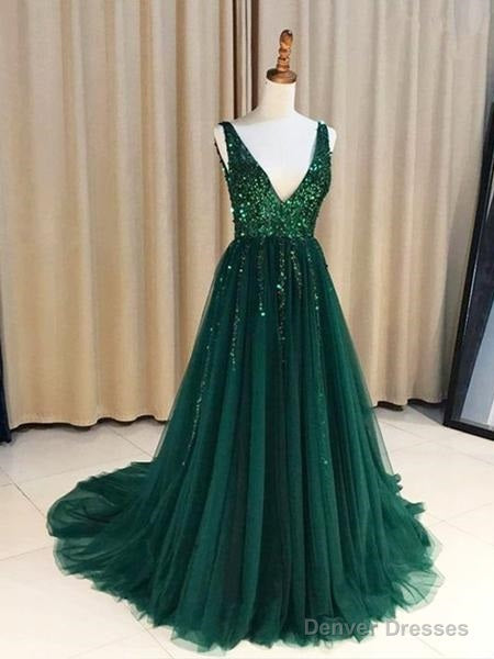 Hunter Green V-neck Long Formal Tulle Low Back Prom Dress Main image