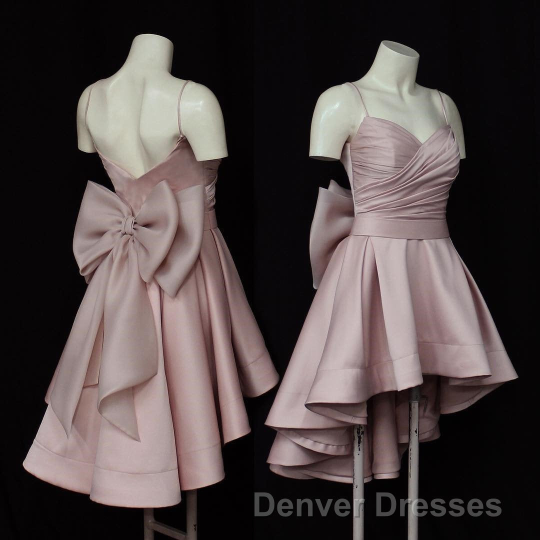 High Low Style Sweetheart Bow Back Satin homecoming Dress