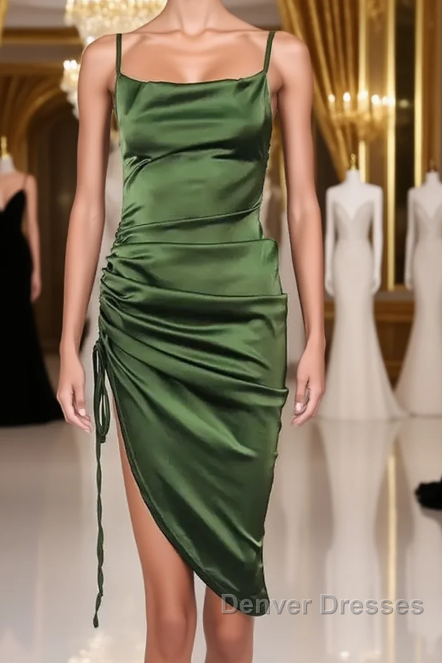 New Satin Green Prom Dress Spaghetti Strap Party Evening Dress Main image