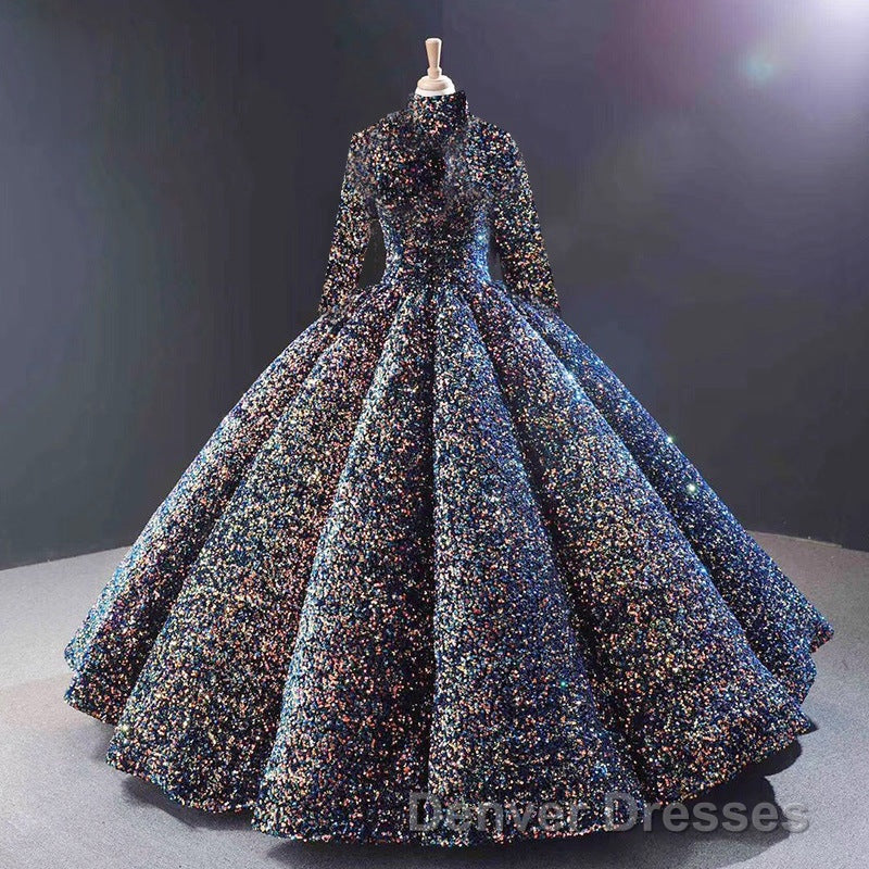 Glitter High Neck Open Back Lace Up Ball Gown Prom Dress