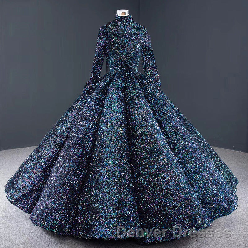 Glitter High Neck Open Back Lace Up Ball Gown Prom Dress
