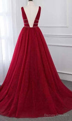 Stylish Deep Alluring V-neck Sleeveless Tulle Sexy A-line Rhinestones Prom Dress