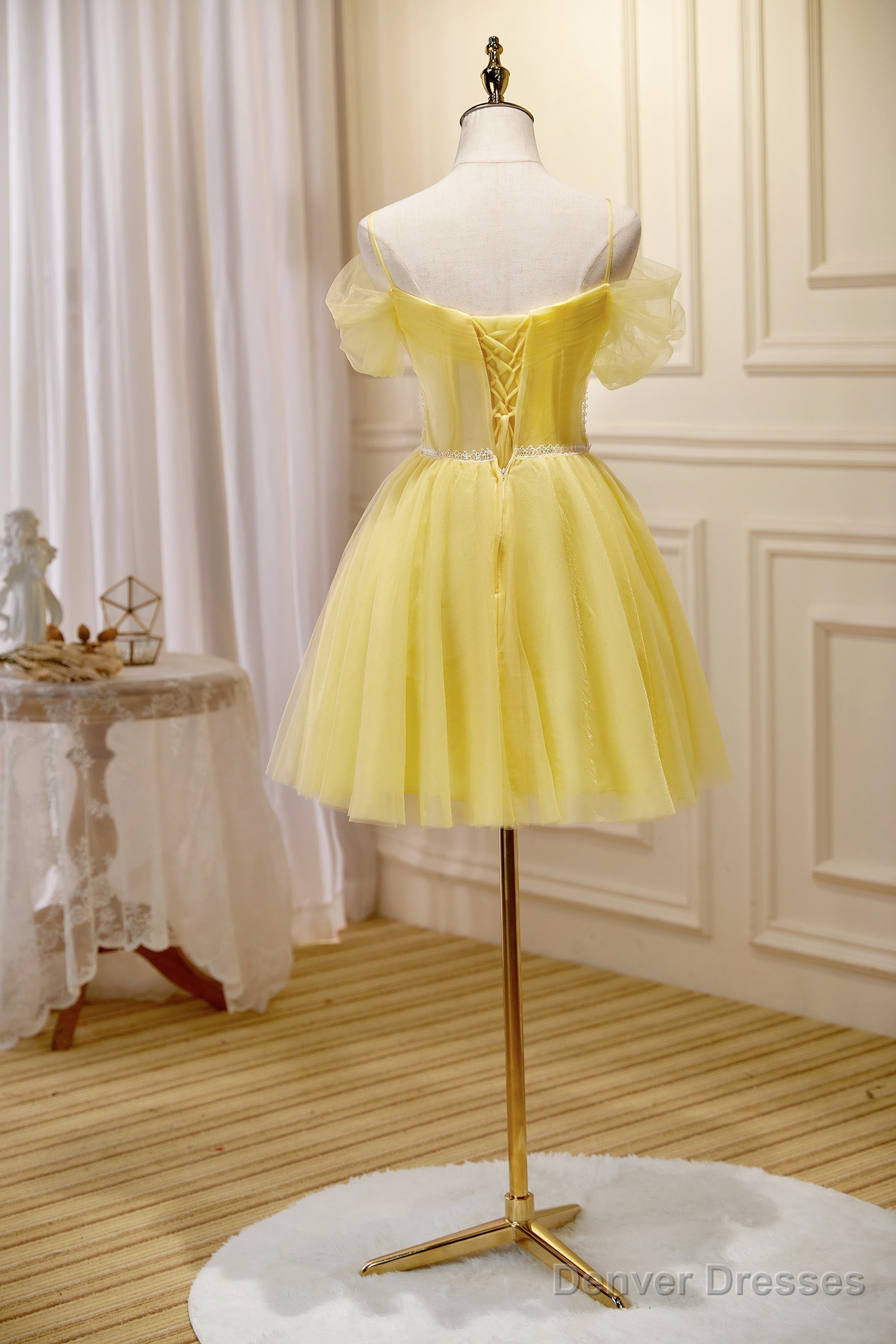Cute Yellow Spaghetti Straps Off The Shoulder Tulle Short Homecoming Dresses Main image