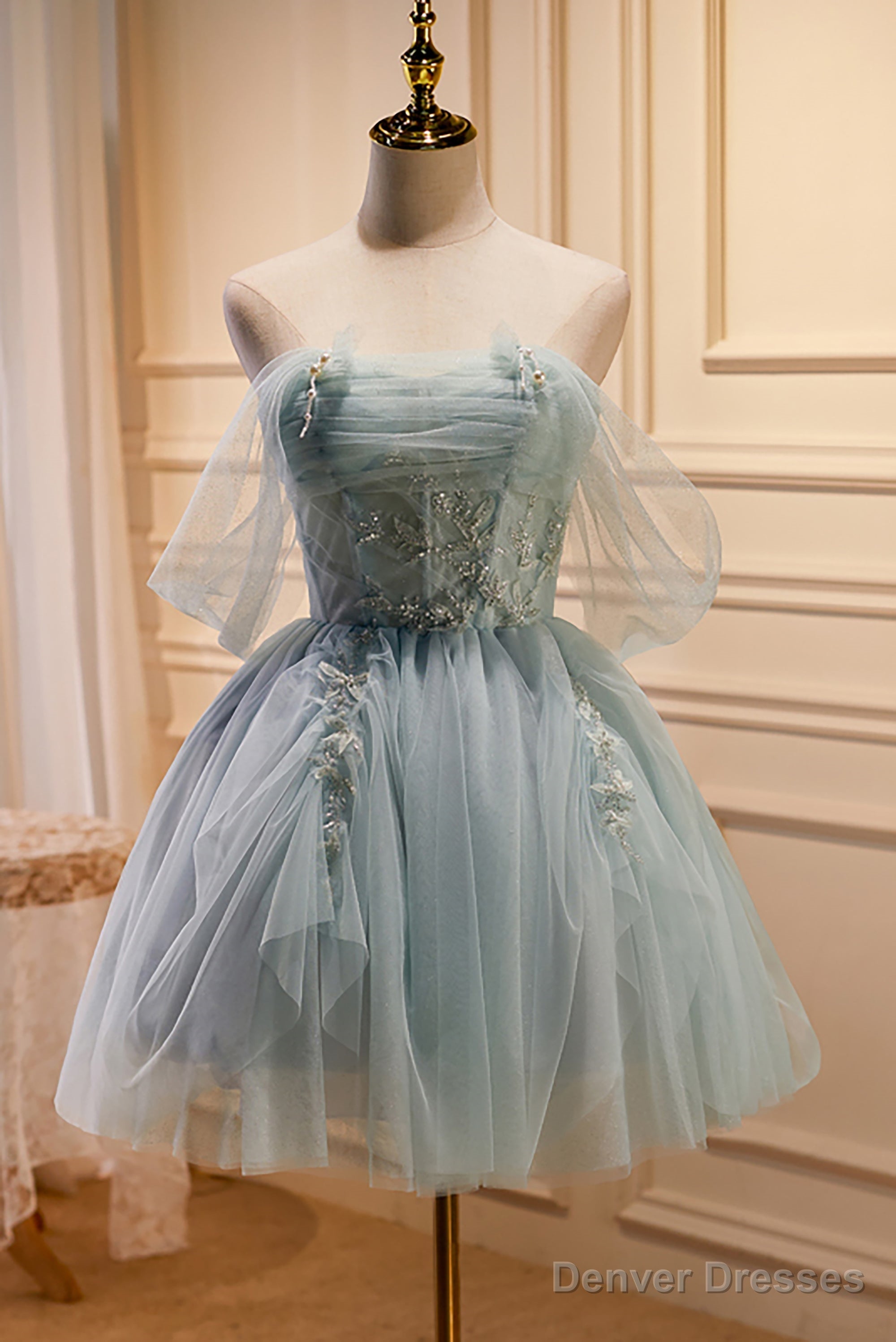 Charming Blue Off The Shoulder A Line Tulle Short Homecoming Dresses Main image
