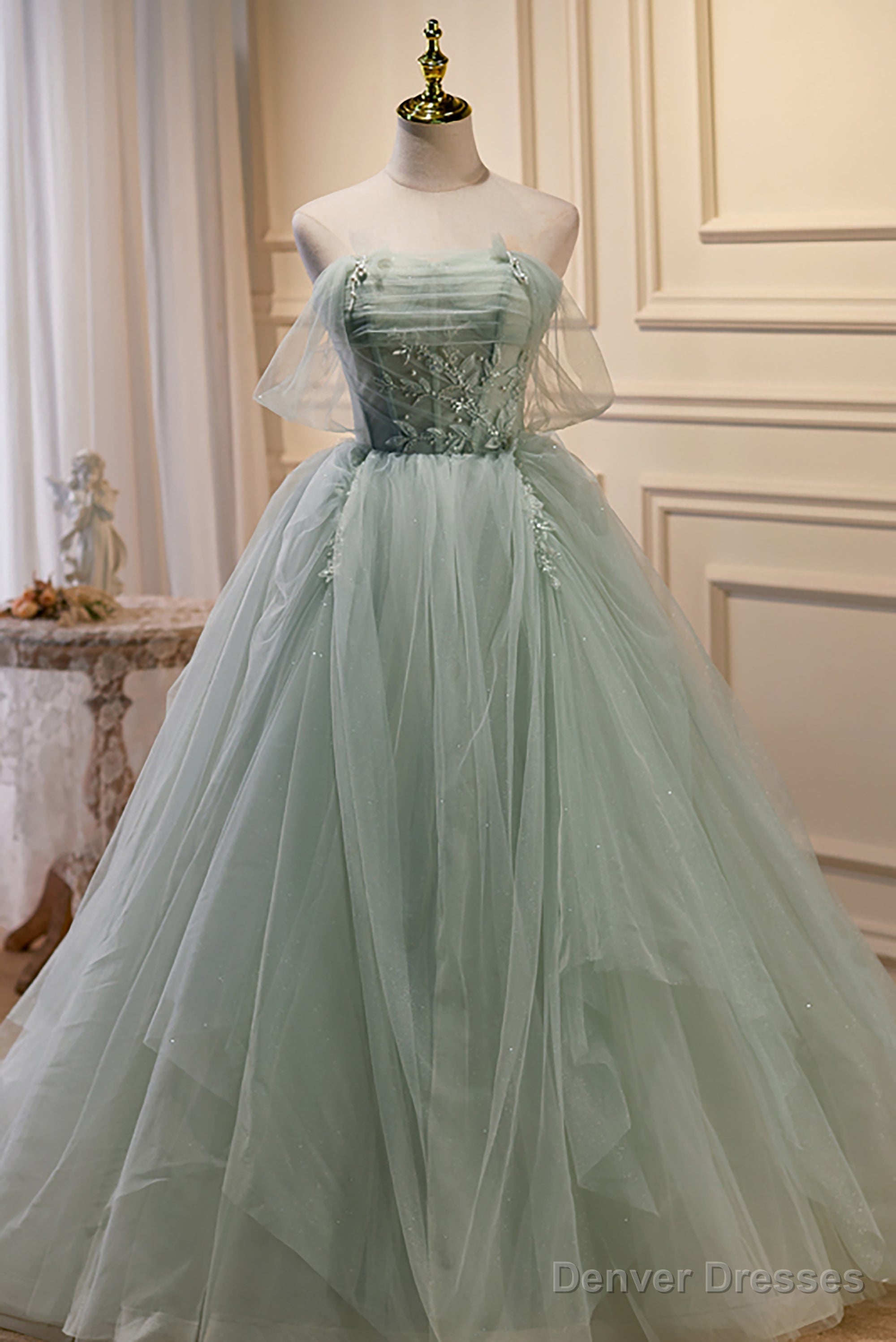 Elegant Green Strapless Evening Gown Off The Shoulder Tulle Prom Dresses Main image