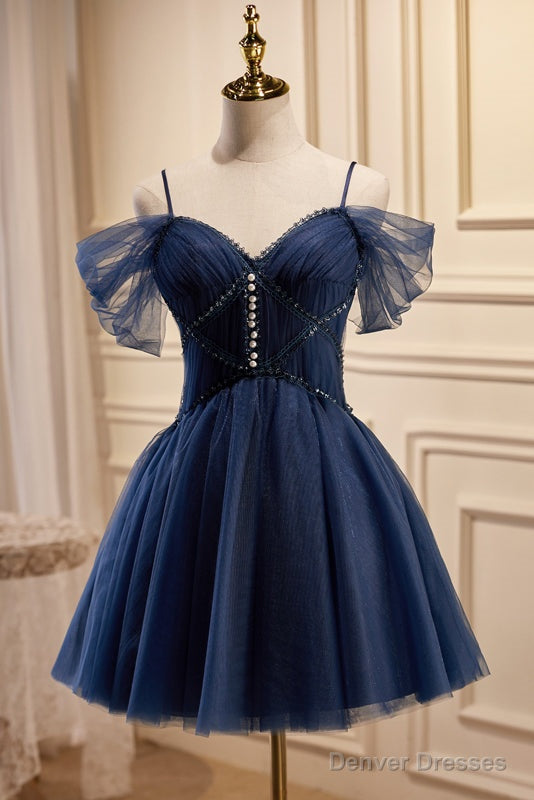 Dark Navy Spaghetti Straps V Neck Tulle Short Homecoming Dresses Main image