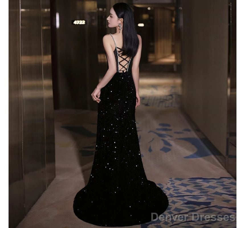 Spaghetti Strap Sweetheart Neckline Two Tone Rhinestone Accent Sequin Trained Open Back Mermaid Evening Gown Secondary image