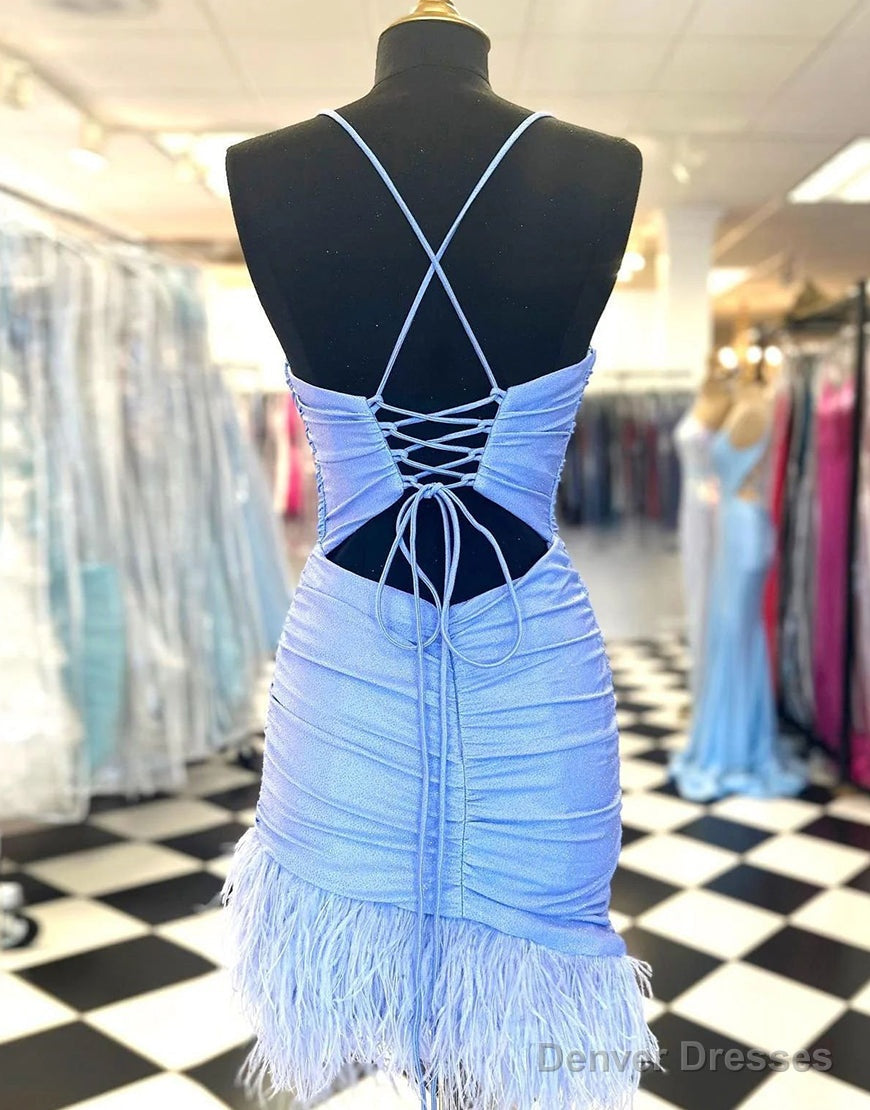 Light Blue Spaghetti Straps Tight Homecoming Dress With Feather Secondary image