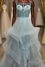 Light Green Spaghetti Straps Tulle Prom Dress with Beading Crystal