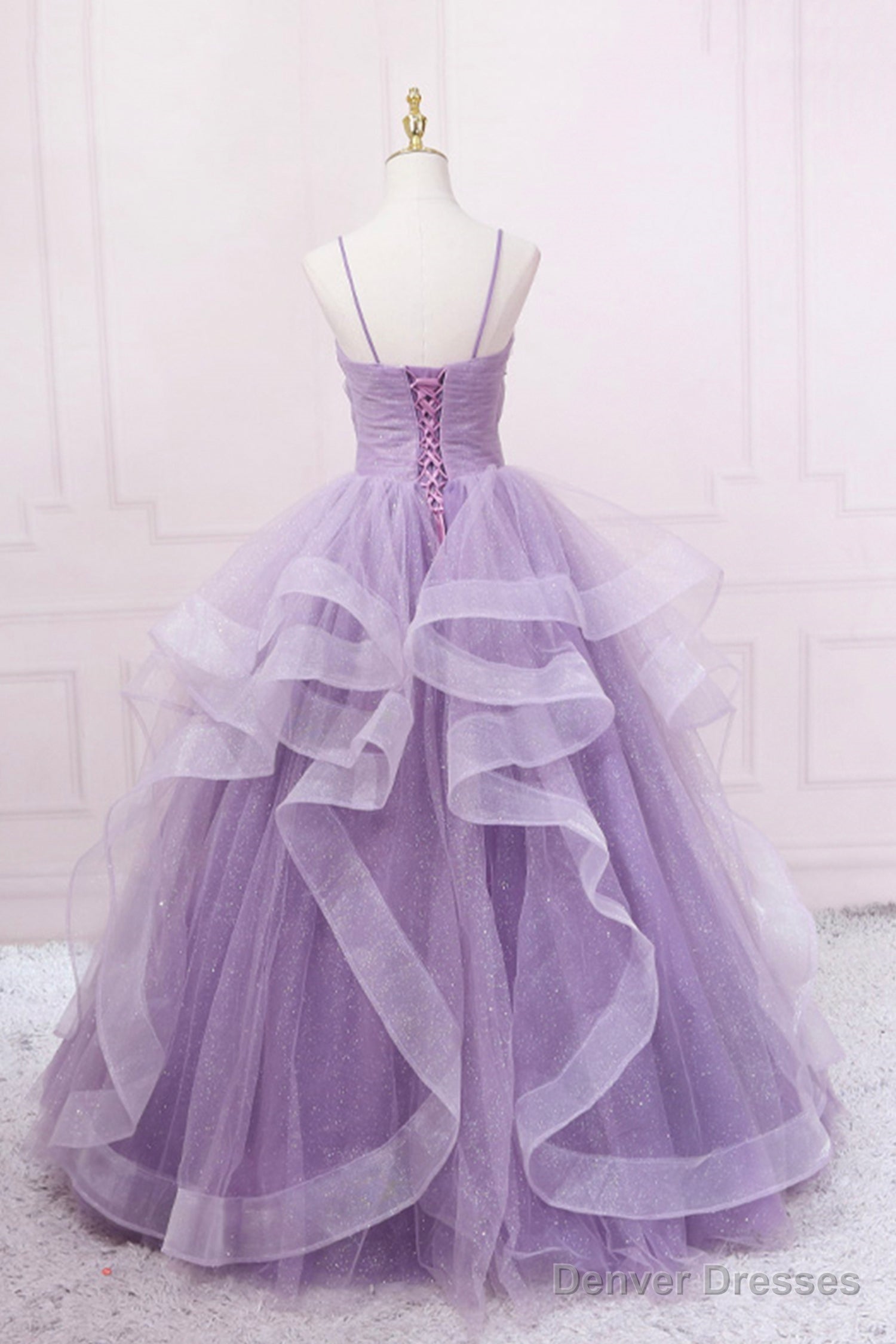 Purple Tulle Long Prom Dress, A-Line Spaghetti Strap Evening Gown