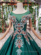 Luxury Green Round Neck Short Sleeves Prom Dress with Beading