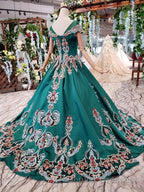 Luxury Green Round Neck Short Sleeves Prom Dress with Beading