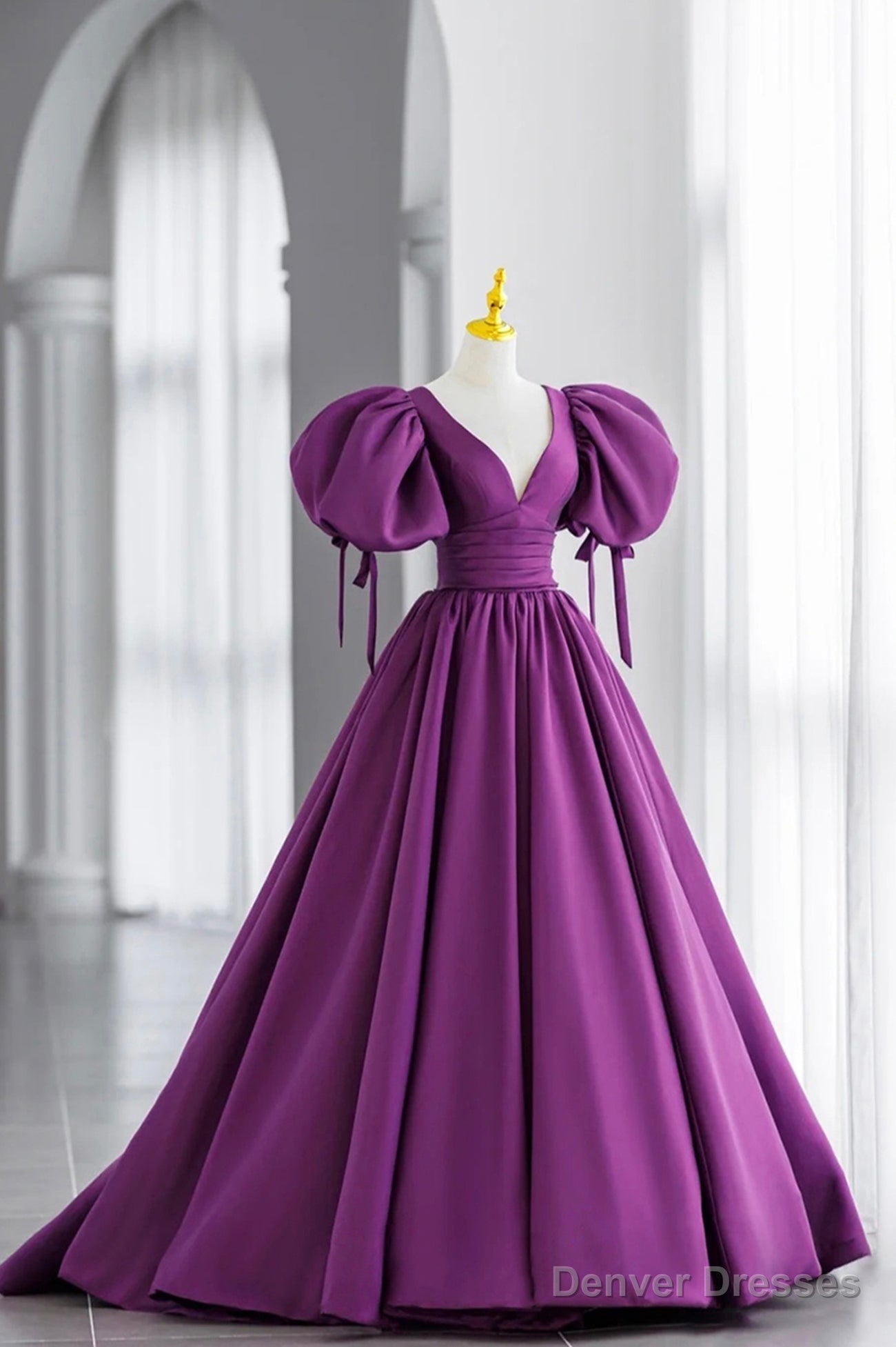 Purple Puff Sleeves Satin Long Prom Dress, V-Neck Evening Dress Main image