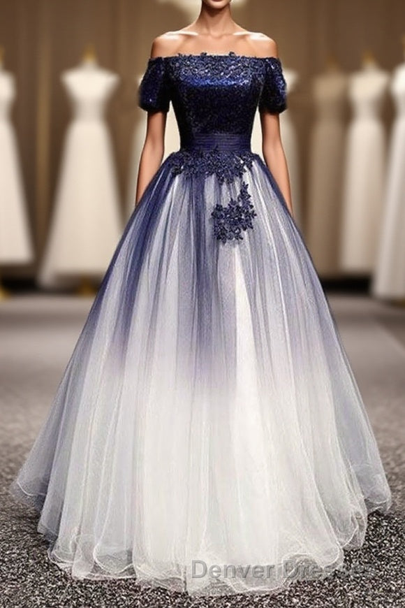 Modest Royal Blue Long Flowy Evening Prom Dress With Lace Appliques