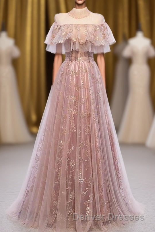 Elegant High Neck Vintage Long Lace Up Prom Dress Flowy Party Gowns Main image