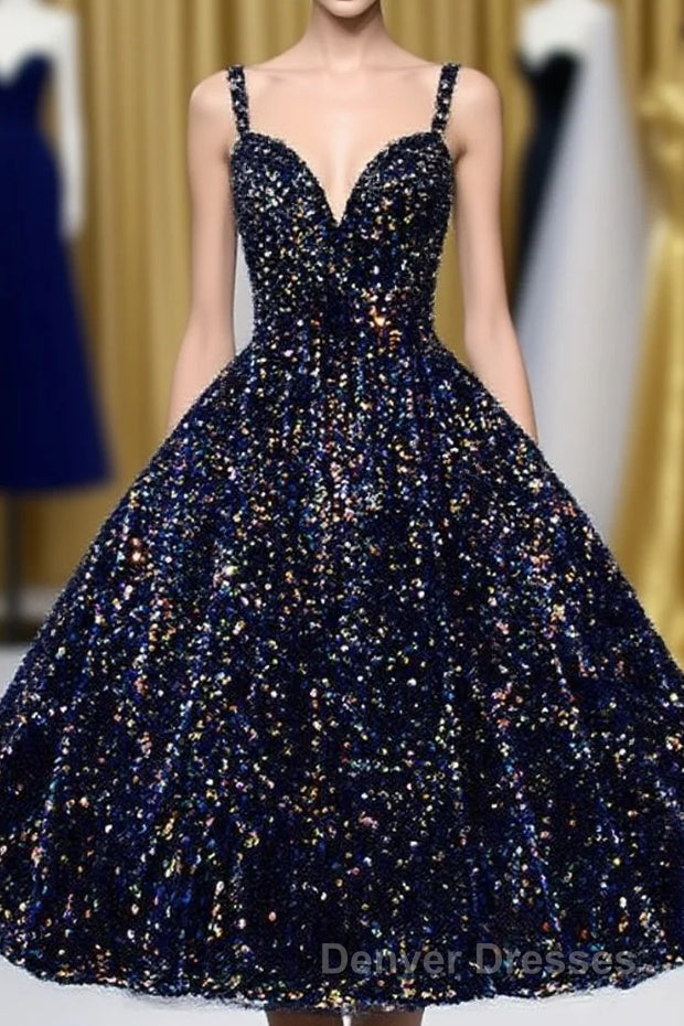 Glitter Spaghetti Straps Cute Short Prom Dress Tight Tea Length Homecoming Dress Main image