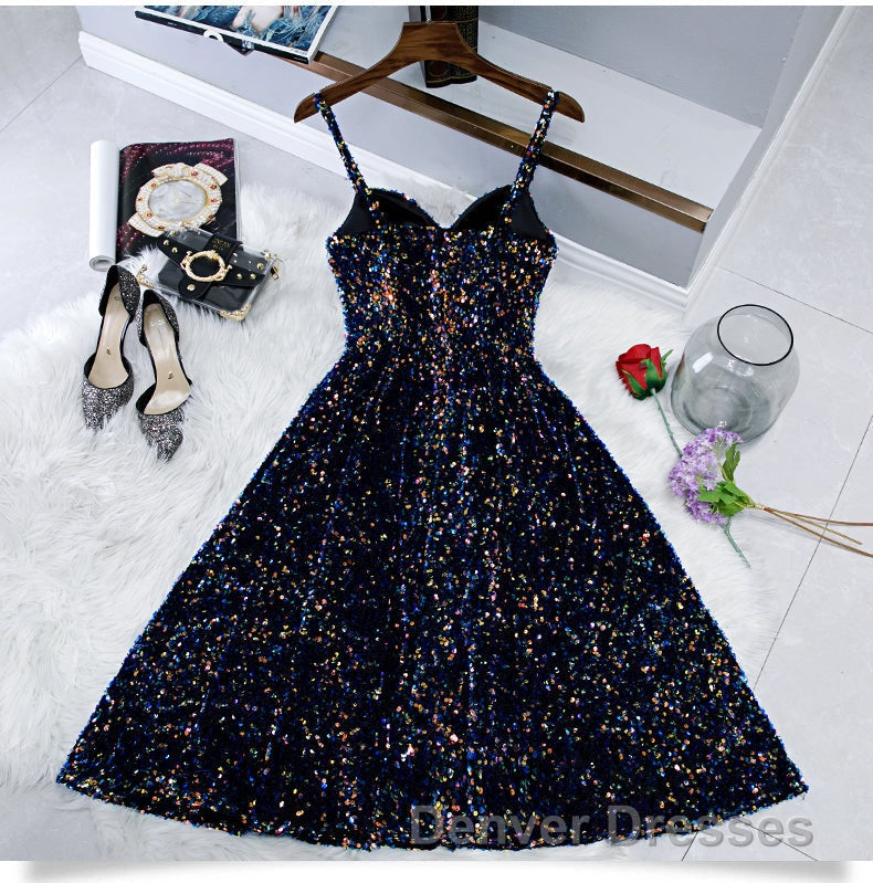 Glitter Spaghetti Straps Cute Short Prom Dress Tight Tea Length Homecoming Dress