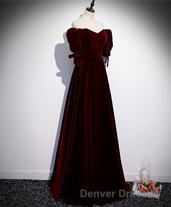 Modest Charming Burgundy Long Prom Dress Vintage Evening Dress With Bowknot