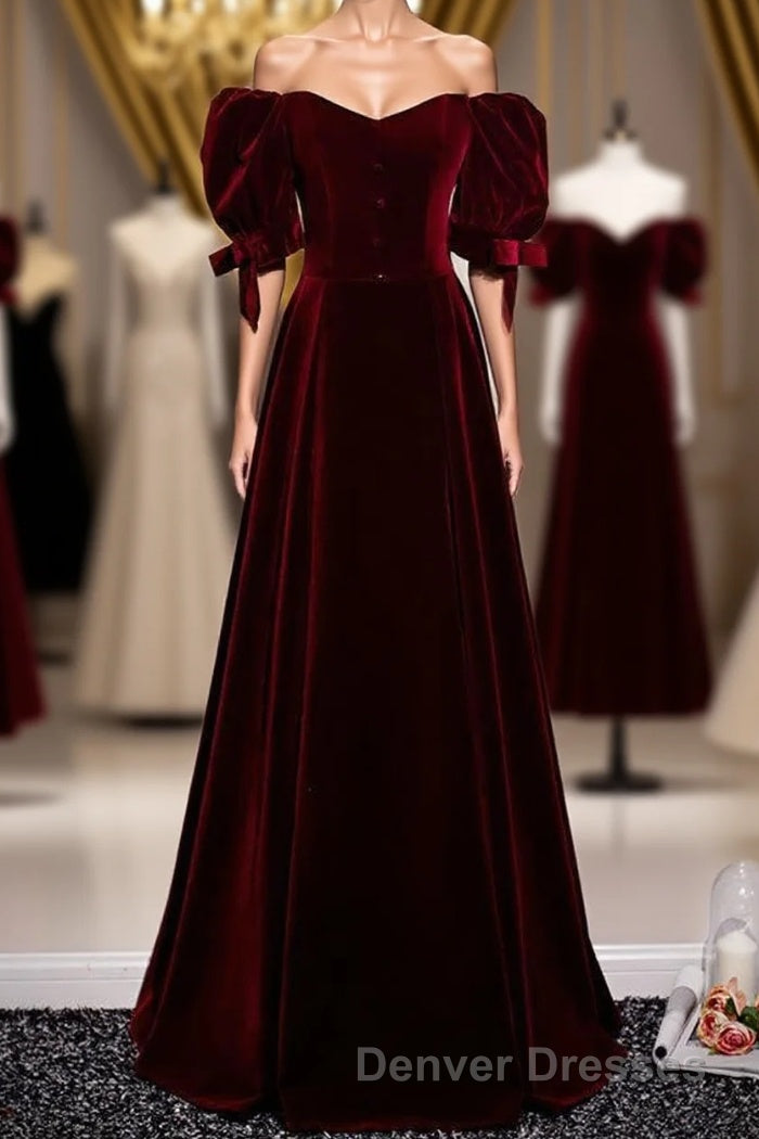 Modest Charming Burgundy Long Prom Dress Vintage Evening Dress With Bowknot Main image