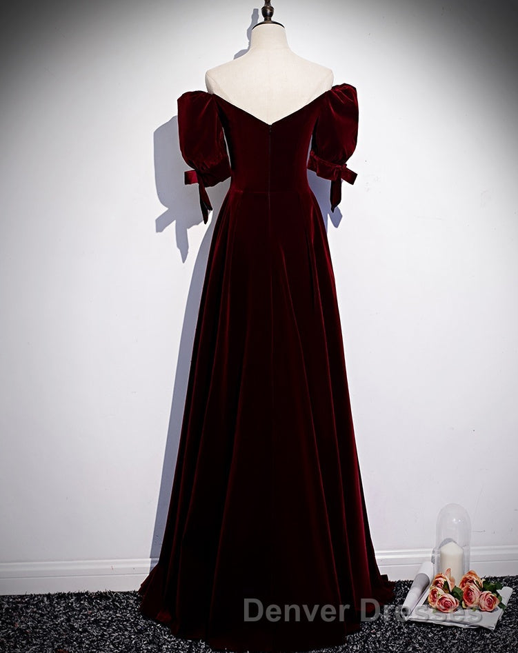 Modest Charming Burgundy Long Prom Dress Vintage Evening Dress With Bowknot