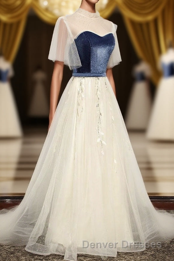 Elegant Ivory And Blue Flowy Princess Prom Dress For Teens Long Homecoming Dress Main image