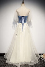 Elegant Ivory And Blue Flowy Princess Prom Dress For Teens Long Homecoming Dress