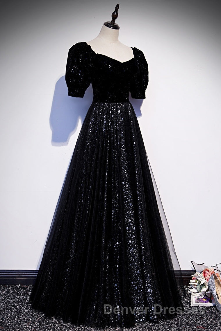 Modest Sparkly Black Long A-line Prom Dress With Sleeves Evening Gowns