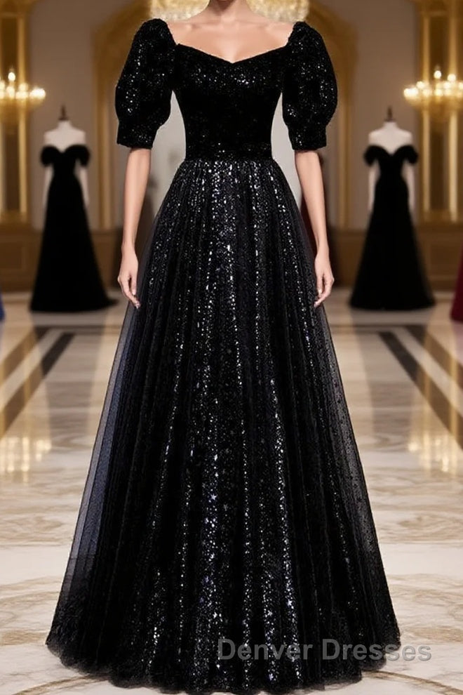 Modest Sparkly Black Long A-line Prom Dress With Sleeves Evening Gowns