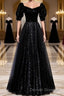 Modest Sparkly Black Long A-line Prom Dress With Sleeves Evening Gowns