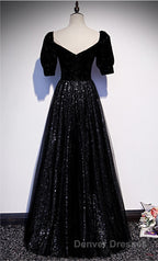 Modest Sparkly Black Long A-line Prom Dress With Sleeves Evening Gowns