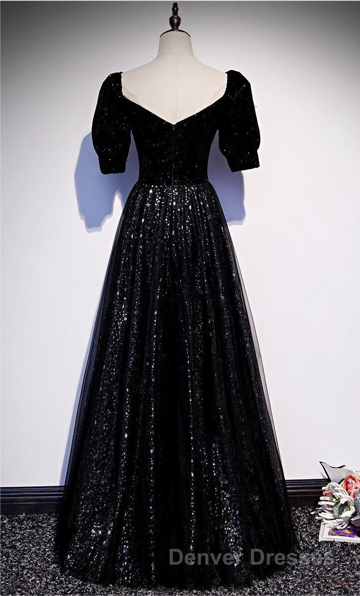 Modest Sparkly Black Long A-line Prom Dress With Sleeves Evening Gowns