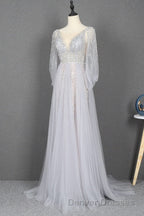 Amazing Long Gray Beading Prom Dress Modest Evening Gowns