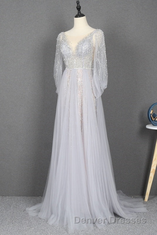 Amazing Long Gray Beading Prom Dress Modest Evening Gowns