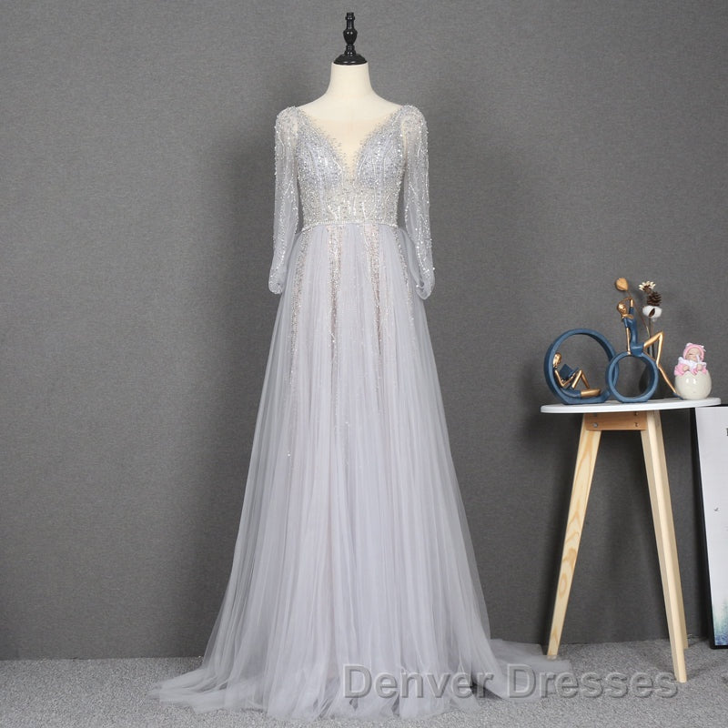 Amazing Long Gray Beading Prom Dress Modest Evening Gowns