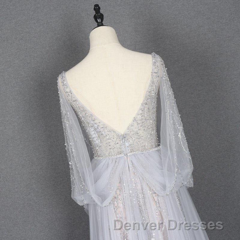 Amazing Long Gray Beading Prom Dress Modest Evening Gowns