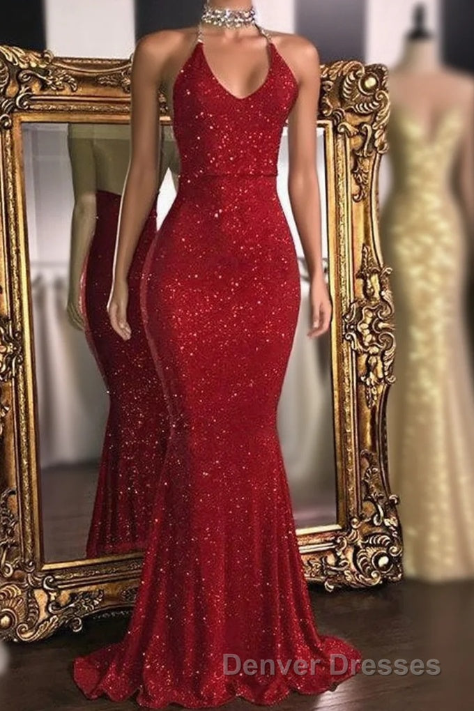 Glitter Halter Sheath Backless Long Prom Dress Fashion Dress